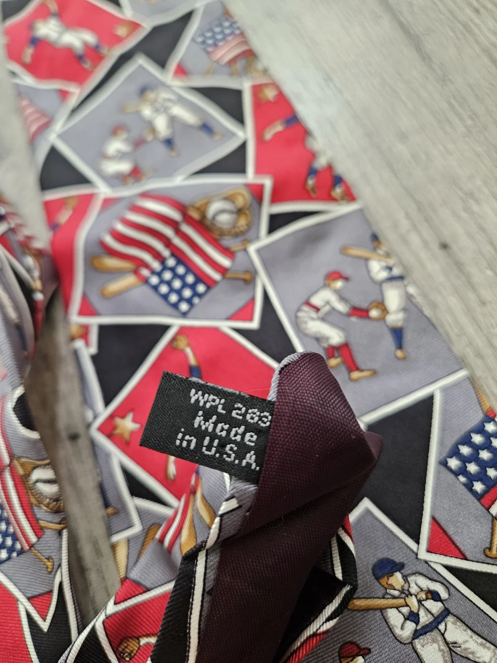 Patriotic 100% Italian Silk Baseball Print Men's Tie in Red & Gray Made In USA